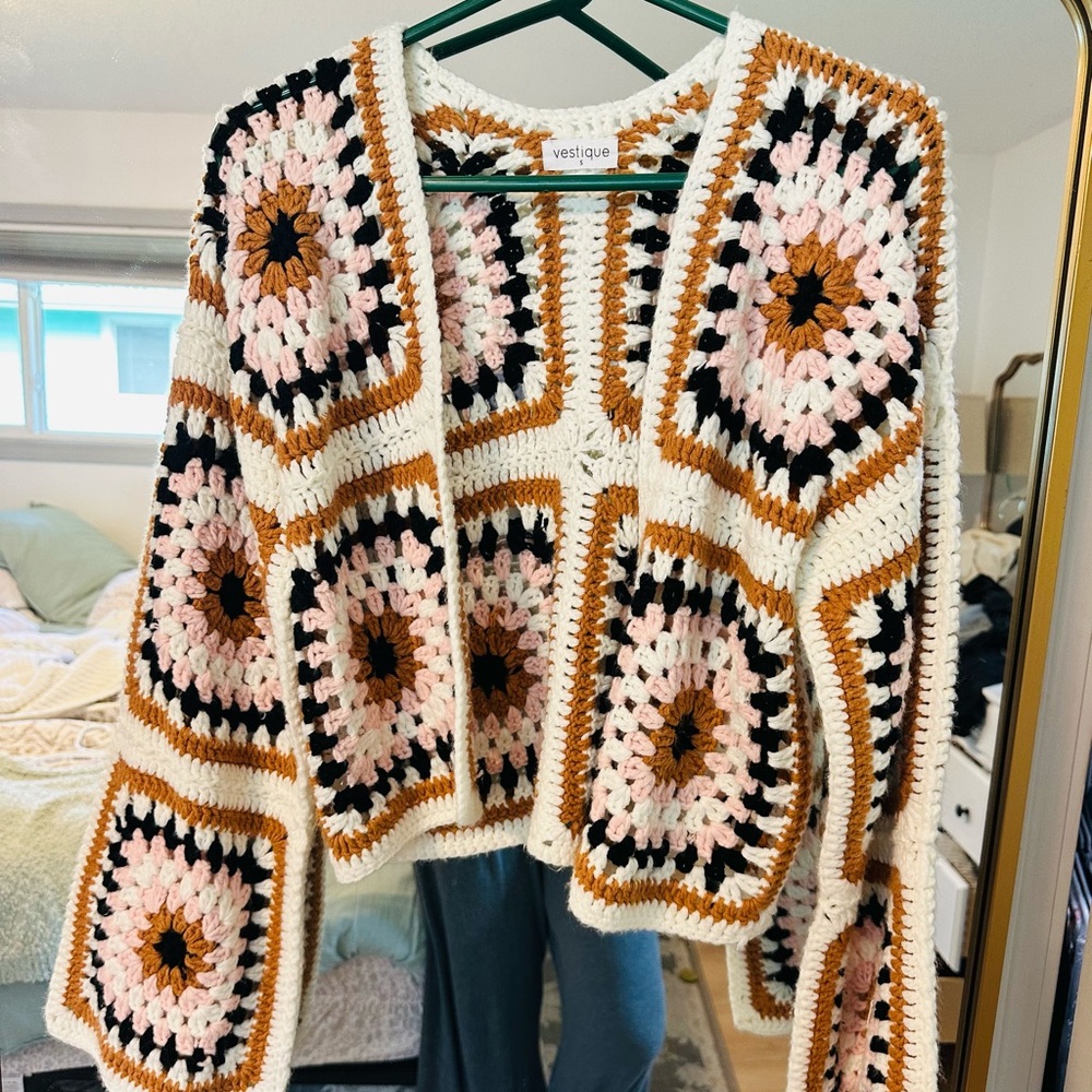 vestique Crochet Cardigan with Cream, Pink, and Black